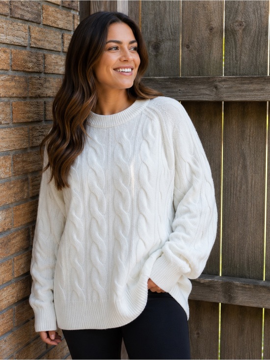 aerie Sweaters - aerie Cream Oversized Cable-Knit Crewneck Sweater